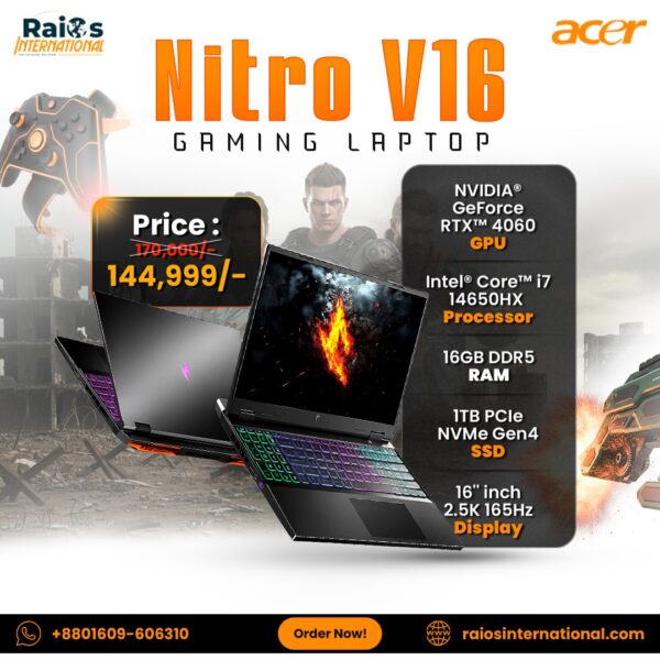 Acer nitro V16 2024 ( i7-14650HX, RTX4060 8GB GDDR7, 16GB RAM, 1TB SSD, 16″ 2.5K 165Hz, W11 )